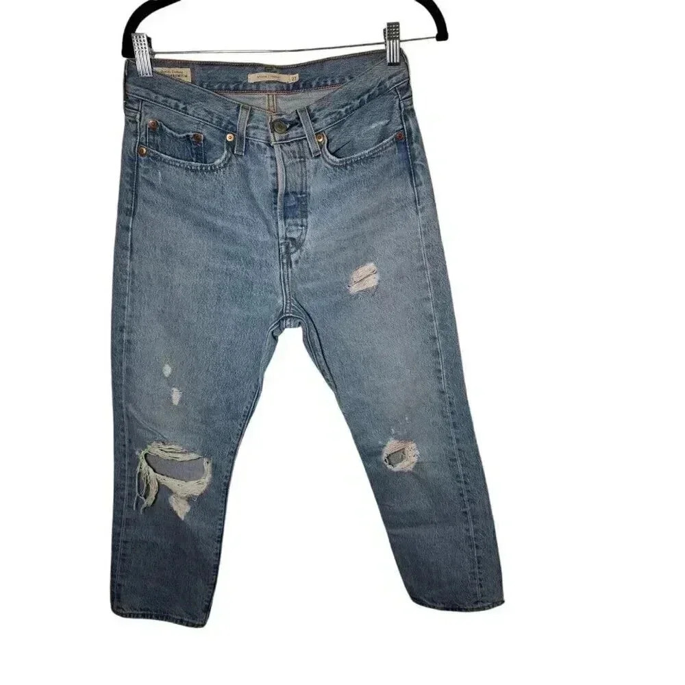 Levi's Premium Wedgie Straight Fit Button Fly Jeans Distressed Womens W27 L26